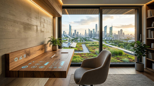 Futuristic home office with holographic digital interface on wooden desk overlooking a sustainable green city skyline at sunset, smart workspace technology for high-tech remote work.