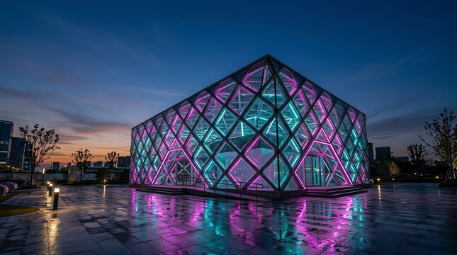 Modern geometric glass pavilion glowing with vibrant pink and blue neon lights in a futuristic urban plaza at dusk with wet pavement reflections and a deep sunset sky background.