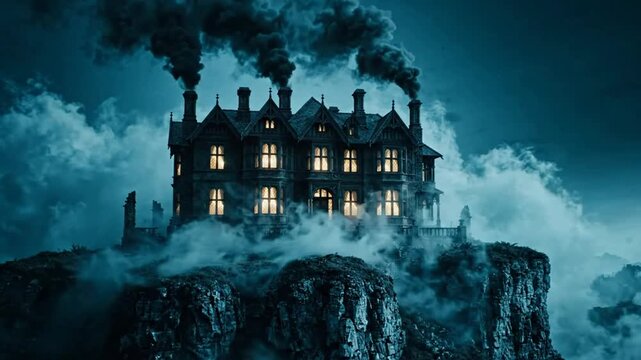 Haunted victorian mansion on cliff at night with smoking chimneys and eerie fog, gothic horror atmosphere for cinematic background