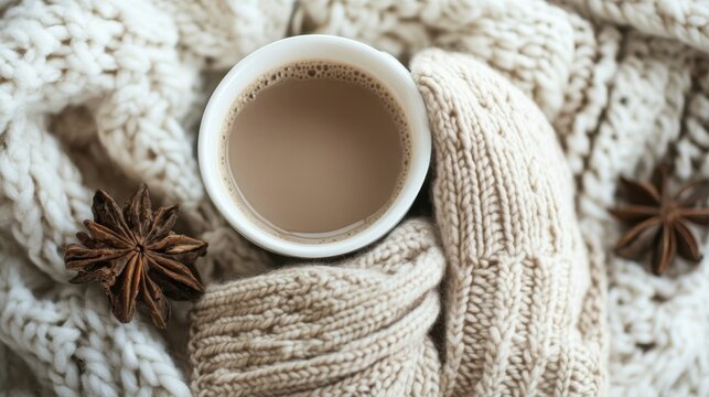 Warm cocoa drink in a mug nestled in a cozy knitted sweater, perfect for a chilly day
