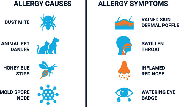 Medical Allergy Causes and Symptoms Infographic Vector Icon Set with Dust Mite Pet Dander Bee Sting Mold Rash Swollen Throat Nose and Eye Symbols
