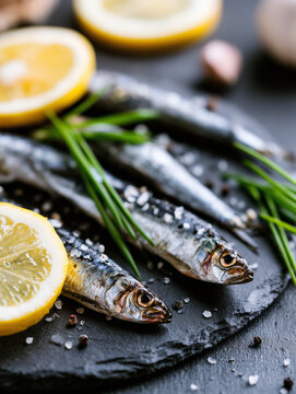 Fresh raw sardines with lemon slices, sea salt, and chives served on a black slate tray.