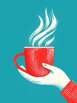 Minimalist vintage style hand holding a steaming red coffee cup on blue background.