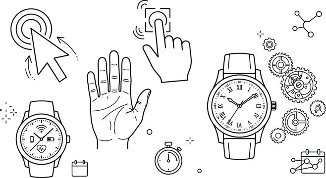 Smart watch and time management icon set vector line art featuring modern tech gadgets hand gestures gears and interface symbols for business apps
