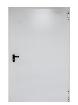 Plain white steel technical door with black handle and hinges, isolated - Standard multi-purpose fire door or basement security door for commercial or residential property.