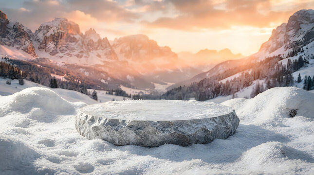 Empty stone product display podium in a beautiful sunset landscape with mountains and clouds