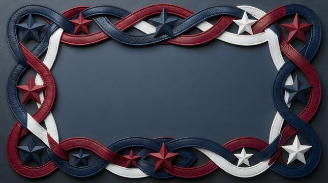Decorative frame with stars and intertwined ribbons in red black and white colors