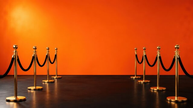 Black Friday promotional card background featuring golden stanchions with black ropes against a vibrant orange wall, ideal for retail marketing and advertising purposes