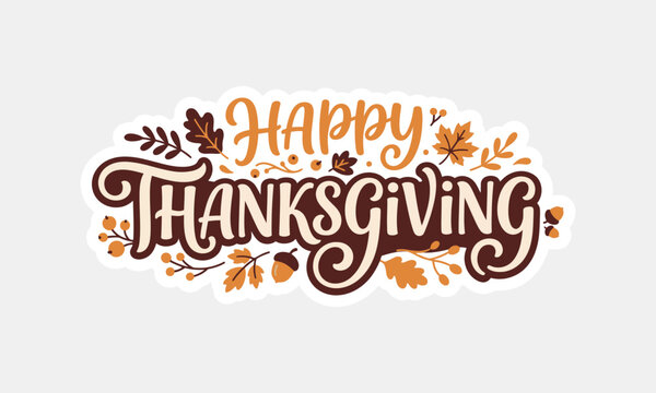 Thanks giving day   stalker editable design new 2026 Happy thanksgiving decorative text with autumn leaves design isolated on transparent background, Vector, illustration