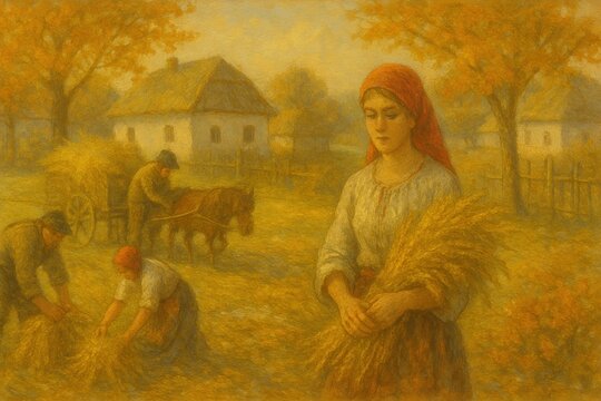 Capturing the essence of autumn, the artwork depicts farmers harvesting crops, evoking a sense of rural life and the beauty of the harvest season in the village