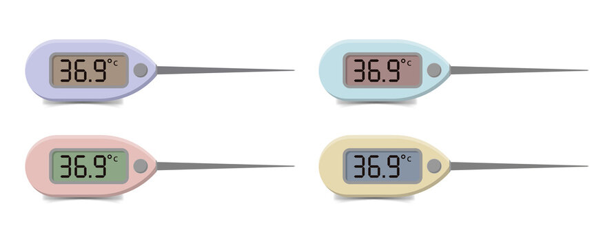 Four colorful digital thermometers showing temperature reading transparent background