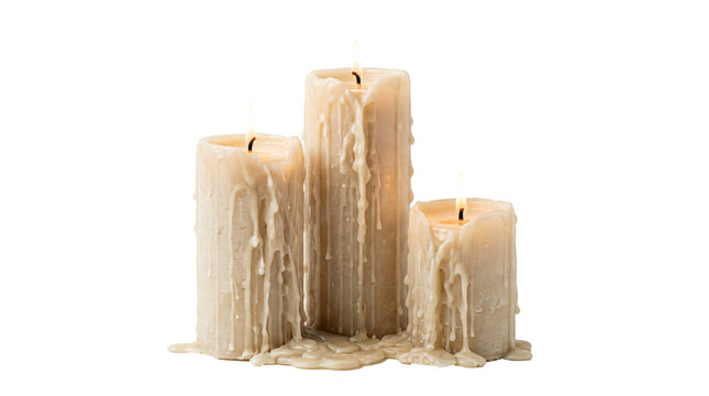 Three ivory glowing candles with textured dripping wax and bright flickering flames standing tall in a group on transparent background