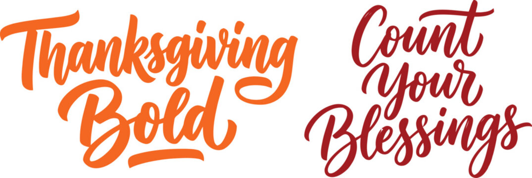 A vibrant and colorful thanksgiving vector illustration featuring the phrases 'thanksgiving bold' and 'count your blessings' in artistic hand lettered styles perfect for