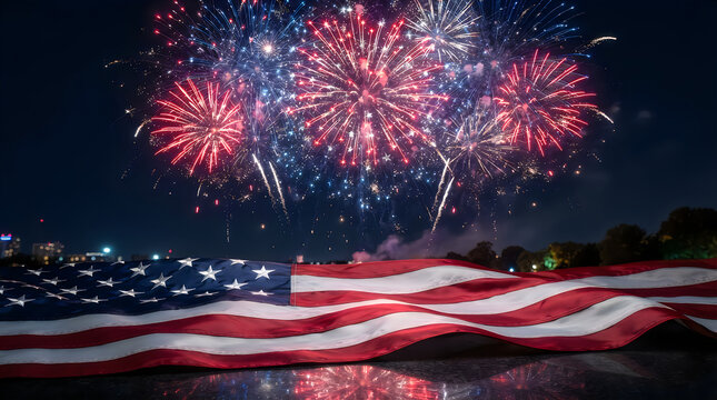 Bright colorful fireworks exploding in the night sky above a waving american flag
