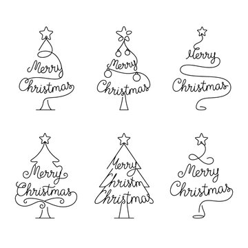 Christmas tree line art lettering isolated on transparent background