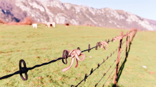 The sunlit pasture shows a fence line with a knotted ribbon and grazing cows under the mountains, symbolizing a rural scene and the beauty of the countryside