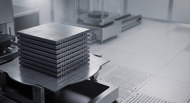 Stacked HBM4 DRAM silicon dies with copper microbumps and vertical TSV connections on wafer stage in cleanroom