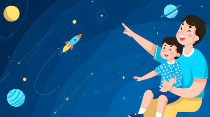 Naklejka premium Father Carrying Son on Shoulders Pointing at Stars Illustration. Dad Carrying Boy on Shoulders Stargazing Together. Father and Son Looking at Planets and Rocket in Outer Space