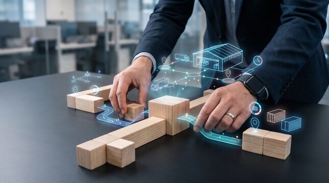 Professional businessman organizing wooden building blocks as a metaphor for complex logistics strategy planning with glowing digital supply chain icons overlaid on a dark table