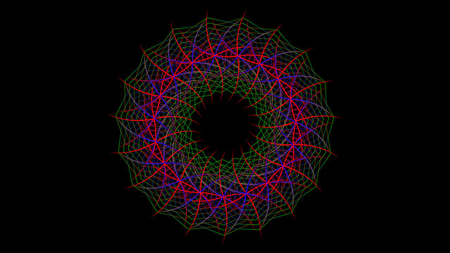 Abstract geometric mandala pattern with green and red neon lines for decorative digital backgrounds.