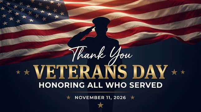Veterans Day banner honoring all who served with saluting soldier and American flag
