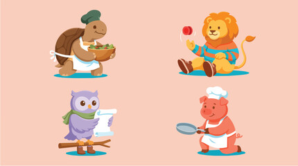 Fototapeta premium Cartoon animals preparing colorful food dishes