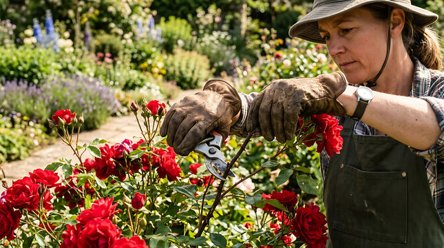 Female gardener pruning red rose bushes with hand pruners in garden