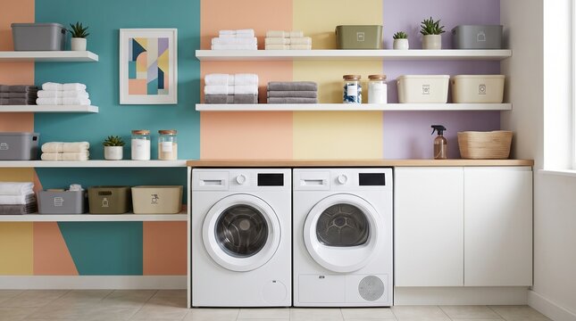 Color block laundry room wall with teal, peach, yellow and lavender panels, white appliances, folded towels, cheerful modern utility interior