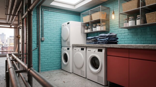 Urban loft laundry room with turquoise painted brick, red cabinets, open metal shelves, white appliances, folded denim, colorful industrial design