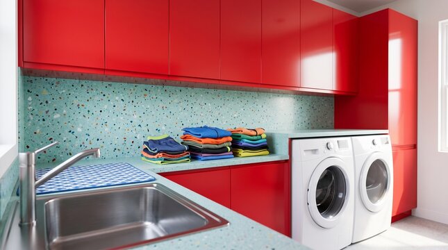 Red cabinet laundry room with aqua terrazzo backsplash, utility sink, white appliances, folded athletic clothes, bold colorful home design