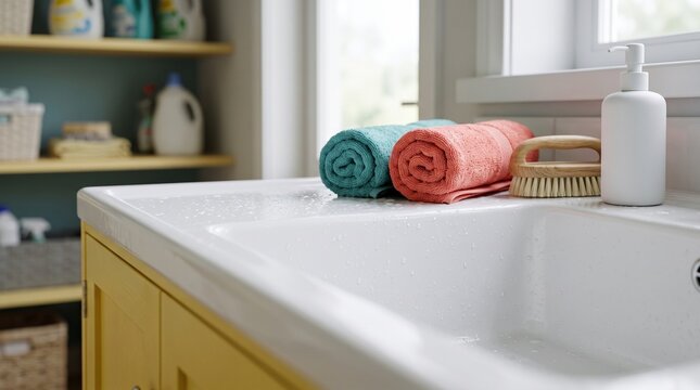 Utility sink detail in colorful laundry room, water droplets, rolled teal and coral towels, scrub brush, yellow cabinet doors, fresh clean design
