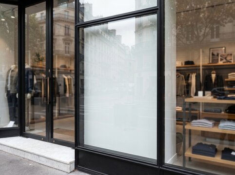 Blank white poster mockup on modern clothing store glass window front.