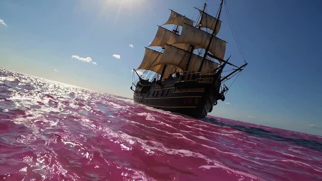 Historic tall ship glides across vivid pink water beneath clear blue sky. Sunlight flashes on ripples as full sails hold wind and rigging frames ship in strong daylight, with wake trailing astern.