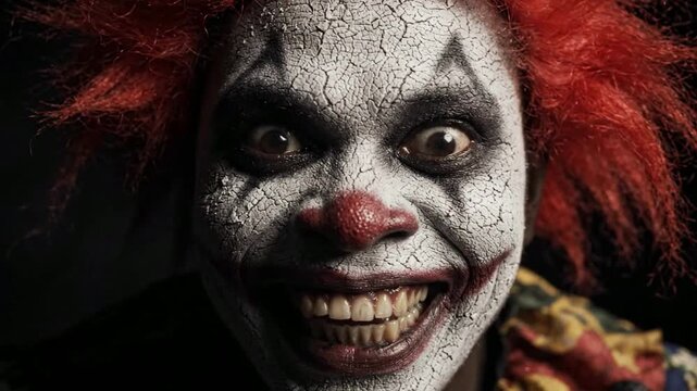 Creepy clown with cracked face paint smiling maniacally, close-up portrait for horror and thriller themes