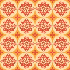 Retro damask pattern with ornate floral motifs in warm orange and cream hues © kee