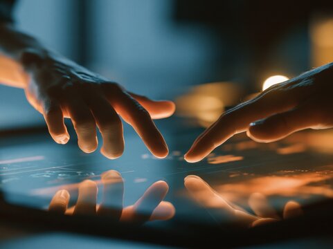 Two hands touching a digital interface with glowing data