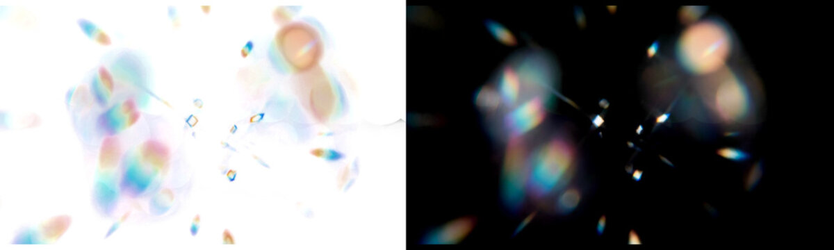 Abstract colorful light bokeh particles, soft glowing lens flares, dreamy prismatic light leaks, magical floating dust, ethereal glowing spots, isolated on transparent background
