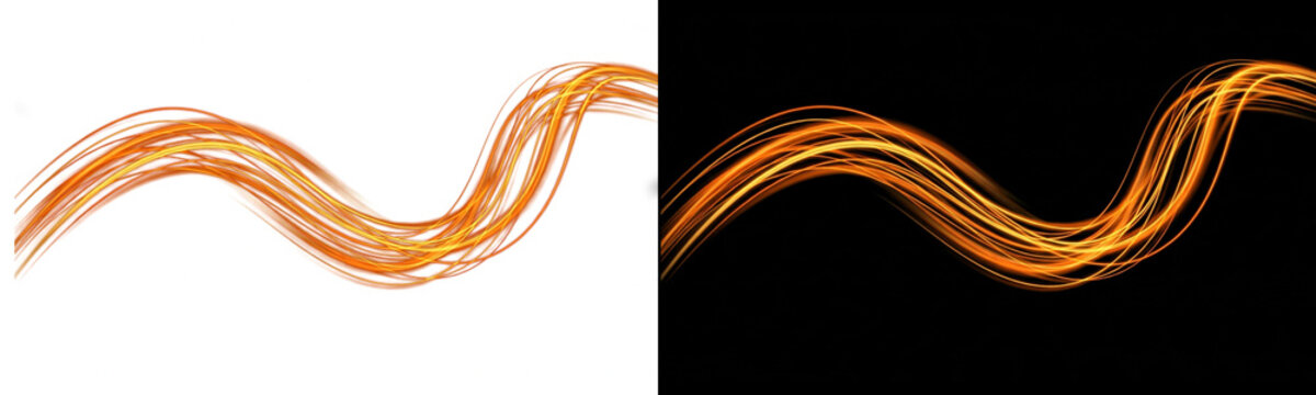 Abstract flowing orange light trails, smooth glowing energy lines, dynamic motion effect, vibrant wave pattern, elegant futuristic design element, isolated on transparent background