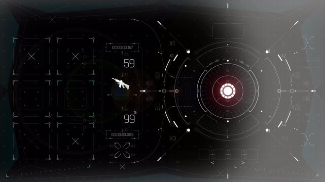 Futuristic digital heads up display interface with target tracking and weapon indicators.