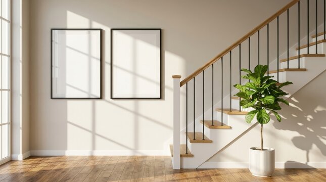 Two blank vertical poster frames mockup on a beige wall next to a wooden staircase, featuring a potted fiddle leaf fig plant, hardwood floors, and warm sunlight window shadows.