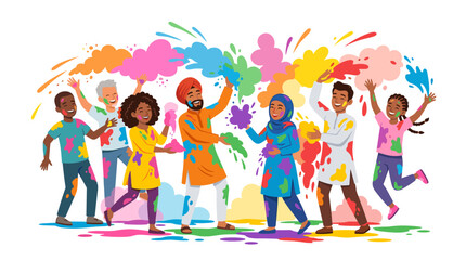 Fototapeta premium A diverse group of people joyfully celebrating with vibrant colored powder, splashing and smiling