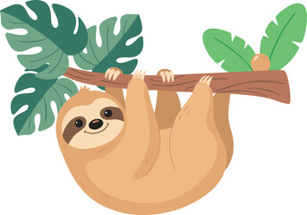 Fototapeta premium Cute Sloth Hanging from Tropical Tree Branch Vector Illustration