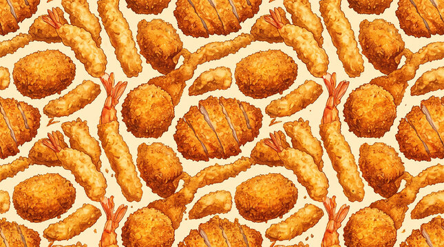 Seamless pattern of delicious Japanese fried crispy food including ebi tempura shrimp, golden tonkatsu cutlets, and croquettes on light beige background. Food vector illustration.