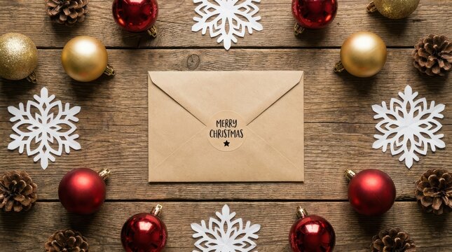 Christmas greeting card envelope with festive ornaments and snowflakes on a rustic wooden background