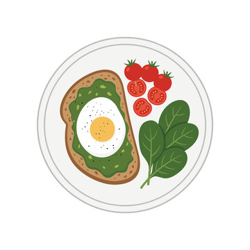 Healthy avocado toast with fried egg and vegetables on a plate