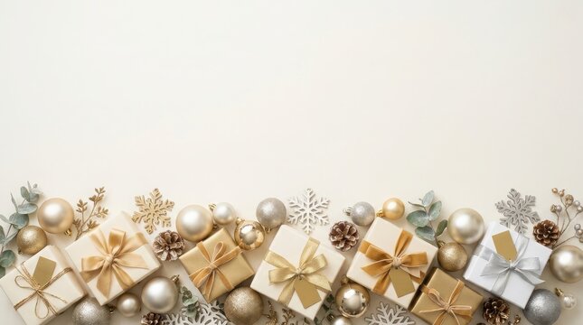Christmas gift boxes and silver ornaments arranged as a decorative border on a light background