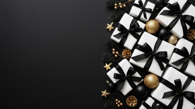 White gift boxes with black ribbons and golden ornaments on a dark background