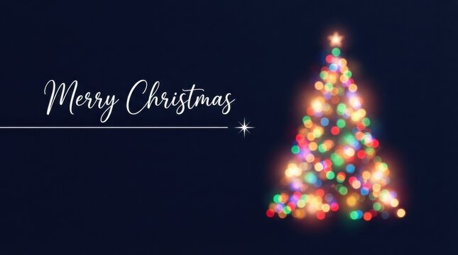 Merry christmas greeting card with a glowing abstract bokeh christmas tree on a dark background