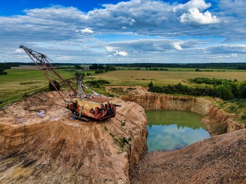 Menciai, Lithuania - August 27, 2026. Giant dragline excavator in quarry