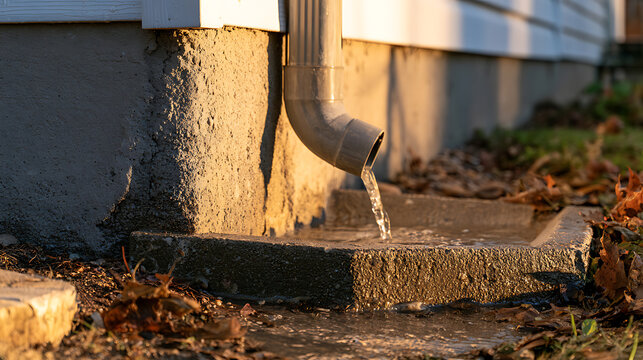 Rainwater flow from a downspout into a concrete splash block near the house foundation during autumn sunset light with fallen leaves